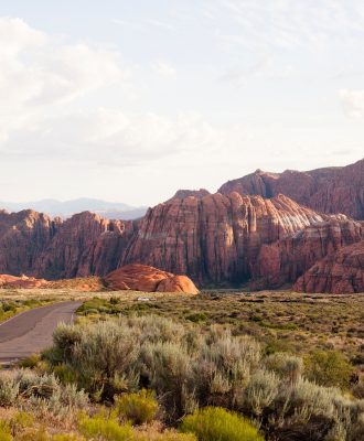 View of Snow Canyon State Park landscape and road, Utah, USA